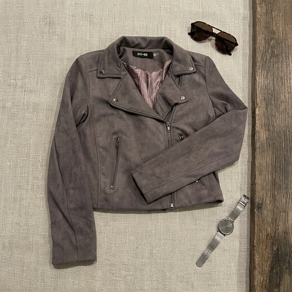 DO+BE Faux Suede Moto Biker Jacket Taupe Zip Up Size Small